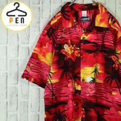 【総柄オープンカラーシャツ】 アロハシャツ ヤシの木 サーファー XL【希少】