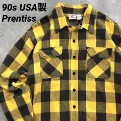 90s USA製 Prentiss ネルシャツ バッファローチェック イエロー