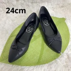 美品✨simple styleブラックパンプス 24cm リボン付　日本製