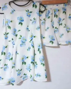 ◆:/PAGE BOY*爽やか*ホワイト×ブルー*編み上げ花柄セットアップ