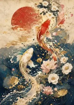 紅白の鯉と赤い日輪 蓮の和風画 アートポスター インテリア 絵画 壁掛け ギフト