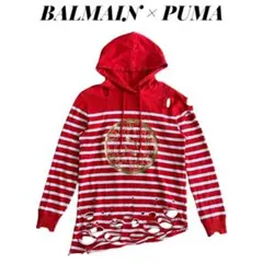 BALMAIN × PUMA ボーダー クラッシュ フーディー レッド 定価5万のサムネイル