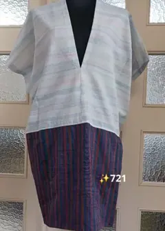特別価格✨721　着物リメイク水色正絹と縞紬チュニックブラウスのサムネイル