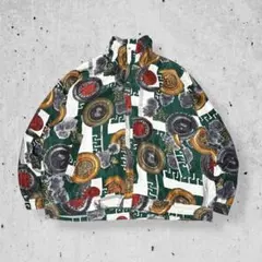 90sシルク100%総柄ナイロンジャケットブルゾン派手フルジップ緑ヴィンテージL