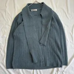 vintage ニットカーディガン L アンゴラ混 くすみブルー ガウン風 厚手