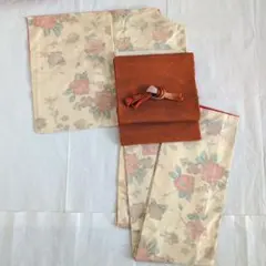 紬着物袷【クリーム橙茶花文様】夏用【羅】名古屋帯/帯締め/帯揚げのサムネイル