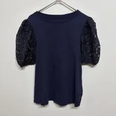 【XS】kate spadeケイトスペードレースパフスリーブ ネイビー Tシャツ