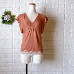 a1668 プーラフリーム切替レースヘムVネックニットカットソーくすみピンク F