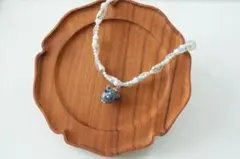 ねこ　ビーズネックレス　グレーブルー