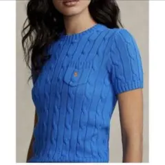 ポロラルフローレン　コットン　ケーブル　半袖セーター ポニー刺繍　ブルー　ニット