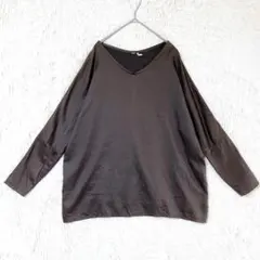 ICHI 長袖ブラウス Vネック 日本製 異素材切り替え 光沢感あり ブラウンのサムネイル