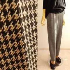 すっきり見せる センタープレス ハイウェスト パンツ チェック柄 黒 L LL