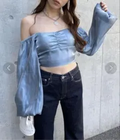 SPIRALGIRL ショート丈 オフショル 袖ボリュームギャザーブラウス 水色