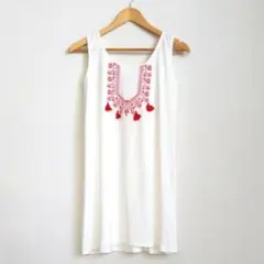andAアンドエー2way刺繍フリンジノースリワンピースチュニック赤白WHITE