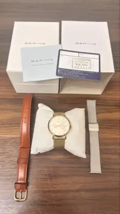 BERING 電池式腕時計 ゴールドケース　ストラップ2本付きのサムネイル