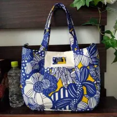 人気作家　頒布　綿麻　ラウンド　トート　バッグ　北欧　花柄　ブルー　青