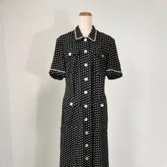 総柄 ドット柄 シェルボタン 前ボタン ロングワンピース ブラックY909