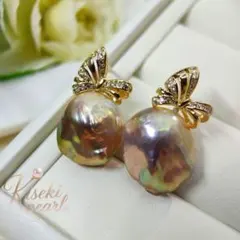 美品✨️　本真珠　淡水バロックパール　マルチメタリックゴールド　緑干渉色　ピアス