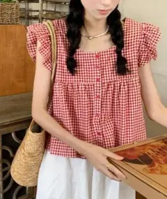 フリル袖ギャザーブラウス　M