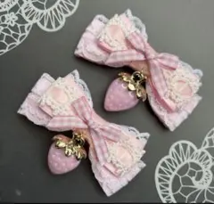 苺P♡はしごギンガムリボン❷ ピンク　ヘアクリップ 量産型　地雷　ゴスロリ