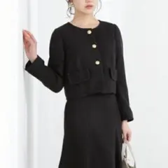 プロポーションボディドレッシング　ツイードジャケット　ノーカラー　ブラック
