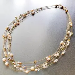 淡水パールとオーロラビーズの5連ワイヤーネックレス