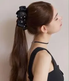 Mela Bianca クリスタル パール サテン ビックリボン バナナクリップ