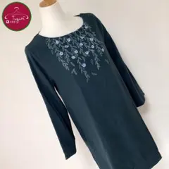 レトロ ワンピース 刺繍 ボタニカル 花 リーフ 肩ボタン チュニック 古着 緑