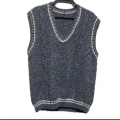 ダークブルー Vネック ケーブル編みニットベスト ウール XL 男女兼用