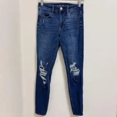 アメリカンイーグル ハイライズジェギング US2 ダメージ加工 超ストレッチ 紺