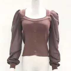 シフォン ボリュームスリーブ リブニット ブラウス トップス ブラウン