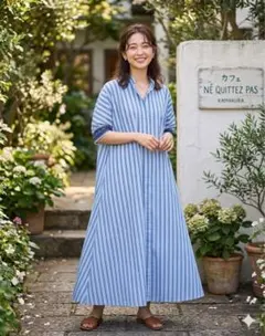 美品ne Quittez pasヌキテパラメ入り 青白ストライプロングワンピース