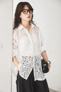 刺繍レースオーバーサイズシャツ シアーコードレースオーバーシャツ 白 ESICA
