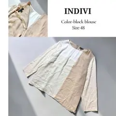 希少48/5L✨インディヴィ【洗える】配色ブラウス 大きいサイズ 日本製 美品