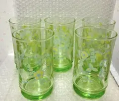 【昭和レトロ】石塚硝子 つる花レトログラス 5個セット新品未使用 花柄 グリーン