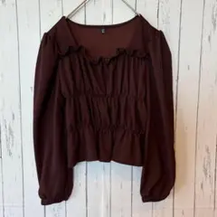 Sibra トップス　クロップド丈　ブラウン　リブカットソー　パフスリーブ