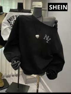 SHEIN NYロゴ ラインストーン　長袖スウェット　ワンショルダー　カジュアル