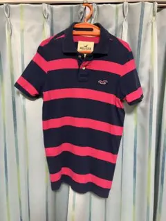 【美品】 Hollister ネイビー/ピンク ストライプ ポロシャツ Sサイズ