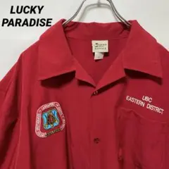 T-410 LUCKY PARADISE ボウリングシャツ 刺繍 L USA製.のサムネイル