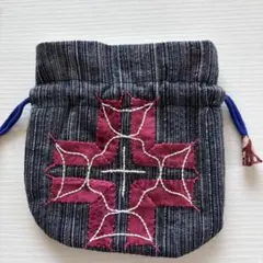 アイヌ刺繍入りダークブルー巾着袋