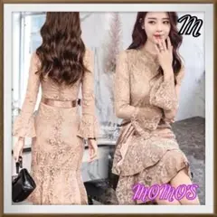 大人気♡上品な総レース　膝丈ワンピース　ベージュ　M 結婚式 謝恩会 キャバ服