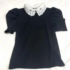 SHEIN 刺繍襟 パフスリーブ ブラウス ブラック M
