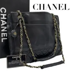 【極美品】シャネル　ラムスキン　セミチェーントートバッグ　ブラック　肩掛け