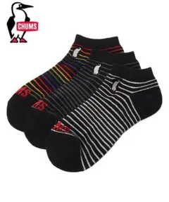 チャムス3Pブービーボーダーアンクル ソックス／靴下／黒 CH06-1141／S