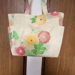 ハンドメイド帯リメイク花柄トートバッグ ベージュ系