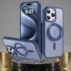 iPhone 16 Pro ケースネイビーMagSafe対応 360°回転リング