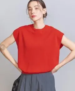 B&Y ウォッシャブル　フレンチスリーブ ニットプルオーバー 朱赤