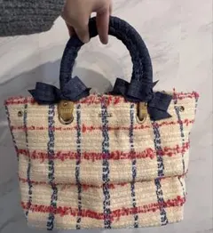 ツイードハンドバッグ デニム風ハンドル付き