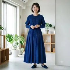 45R インディゴ ロングワンピース フレア リボン R刺繍 - メルカリ