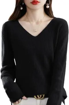 ニット カシミヤタッチ アイロン不要 リブ きれいめ 長袖 Vネック トップス